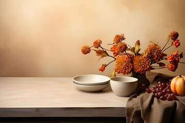 Autumn still life in honor of Thanksgiving, lunch and dinner in the family. With Generative AI technology