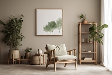 Design for a stylish living room that includes a mock up poster frame, a wooden armchair, a shelf, a side table, plants, and original home decor. a wall of eucalyptus. housing staging Template. Copy s