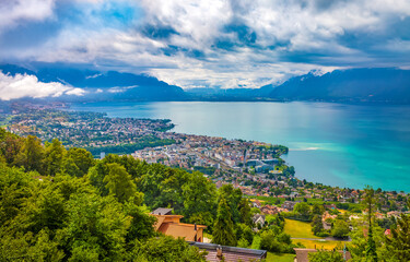 Aerial panoramic view of the city of Vevey and Lake Geneva. Switzerland,