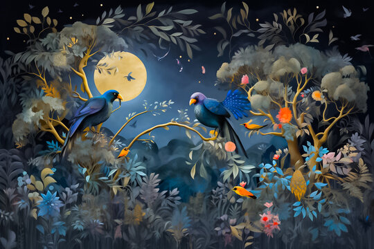 A paper cut artwork of a group of birds perched on branches in a dark blue gold and colorful design round forest at night. generative AI.