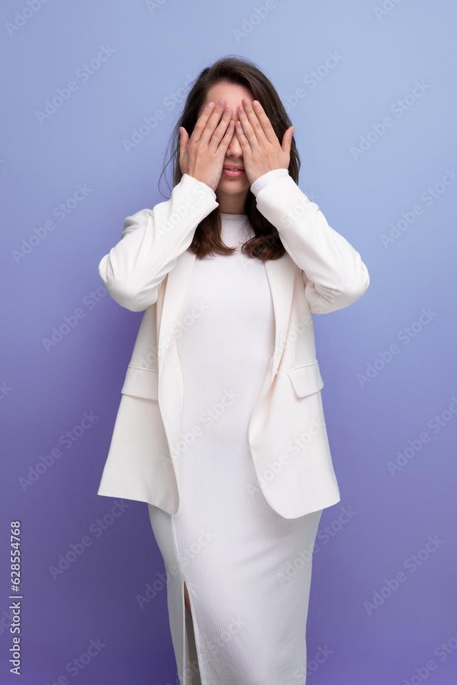 Sticker portrait of surprised shocked brunette woman in white dress with nice features