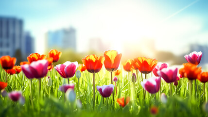 Obraz premium selective focus.closeup of fantasy multicolor tulip flower blooming and butterfly flying in garden with landscape city view.nature spring background.generative ai art