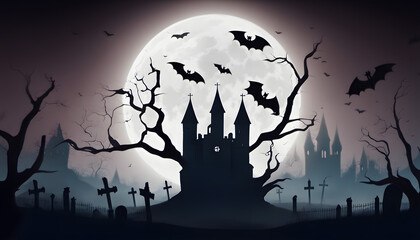 3.	a halloween cemetery and graveyard with a full moon, in the style of dark turquoise and light green, made of mist, captivating, exacting precision, Halloween, Jack O' Lanterns In Graveyard
