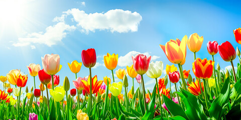 Fototapeta premium Selective focus.closeup of fantasy multicolor tulip flower blooming in garden with landscape meadow mountain view.nature spring background.generative ai art