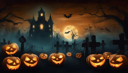 3.	a halloween cemetery and graveyard with a full moon, in the style of dark turquoise and light green, made of mist, captivating, exacting precision, Halloween, Jack O' Lanterns In Graveyard