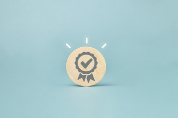 Certificate guarantee icon on wooden cube, International Organization for Standardization ISO and...