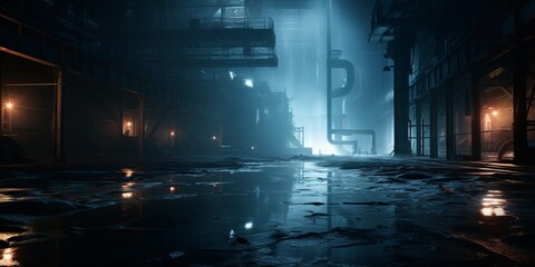 Fototapeta premium Enigmatic Night: Dark Warehouse with Mysterious Water Flow, Generative AI