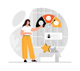 Customer satisfaction, review, feedback. Woman chooses a good smile for her reaction, leaves a good comment. Illustration with people scene in flat design for website and mobile development.