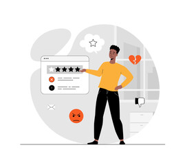 Dissatisfied customer, bad feedback. Customer gives one star, bad review on the website. Illustration with people scene in flat design for website and mobile development.