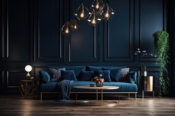 Dark room interior mock up, dark blue empty wall mockup, contemporary blue luxury dark living room interior background,. Generative AI - obrazy, fototapety, plakaty