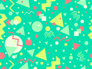 Seamless geometric pattern in 80s memphis style. Colorful geometric shapes. Design of promotional products, wrapping paper and printing. Vector illustration