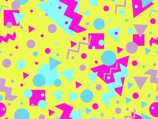 Seamless geometric pattern in 80s memphis style. Colorful geometric shapes. Design of promotional products, wrapping paper and printing. Vector illustration