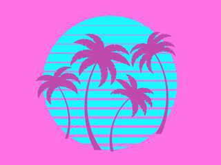 Fototapeta na wymiar Silhouettes of palm trees at sunset in the style of the 80s. Retro futuristic sun with tropical palm trees in synthwave and retrowave style. Design for banners and posters. Vector illustration