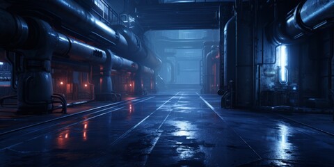 Empty Flooded Industrial Hallway at Night with Eerie Reflections and Dim Lighting, Copy Space, Generative AI