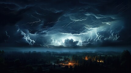Obraz na płótnie Canvas Thunderstorm clouds with lightning at night generative ai