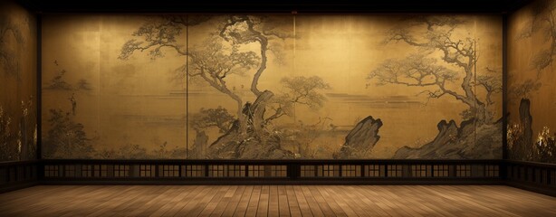Oriental Mural  Background with Wooden Floor and Copy Space, Generative AI