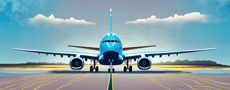 illustrazione con vista di fronte di grande aereo di linea blu su pista di decollo