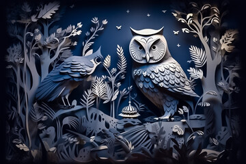 A stunning paper cut of a majestic Owl in a moonlit forest, featuring intricate details of trees and leaves with a color palette of dark blue and gold. generative AI.