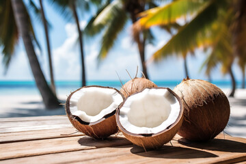 Coconut On The Table In Beach Background