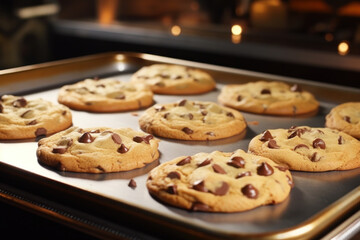 Chocolate chip cookies on a baking sheet.