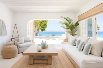 White modern boho tropical villa interior.