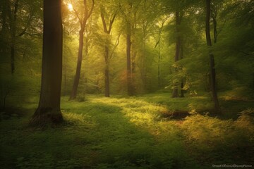 Tranquil Forest Morning: Lush Deciduous Serenity in Soft Dawn Light, Greens, Browns & Soft Yellows