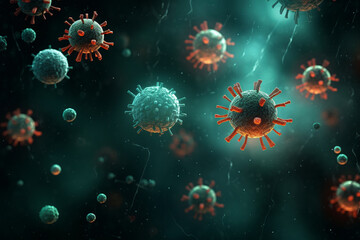 An artistic bio-virus illustration, depicting the viral particles floating in a dark and mysterious environment Generative AI