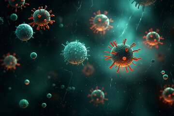 Obraz premium An artistic bio-virus illustration, depicting the viral particles floating in a dark and mysterious environment Generative AI