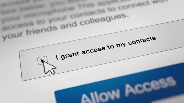 Animated Mouse Cursor Clicks the 'I grant access to my contacts' Checkbox to Agree and Grant Access to Contacts.
