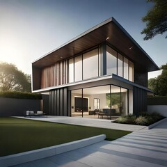 Fototapeta premium Modern house nestled in a lush garden, adorned with glass windows. A stunning blend of black and white colors creates an elegant, contemporary living space with a seamless indoor-outdoor connection.