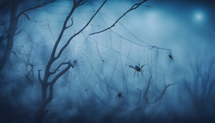Halloween background Spooky forest, creepy spider web