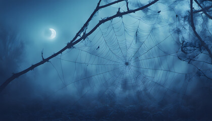 Halloween background Spooky forest, creepy spider web
