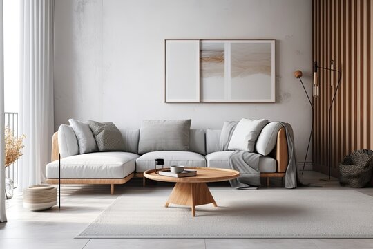 Interior Mockup and Scene White and gray sofa with rounded shape, center table with wooden legs, modern living room in Nordic design. Generative AI