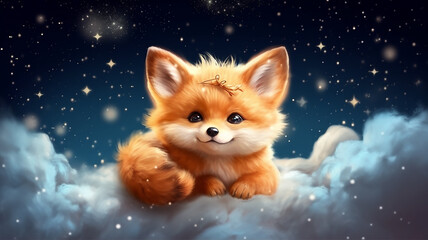 a baby fox cub sleeps on a cloud among the stars.