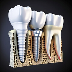 Dental implants, high quality, modern medicine, unusual background.