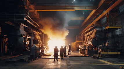 workers walk through the workshop of the metallurgical factory of the plant