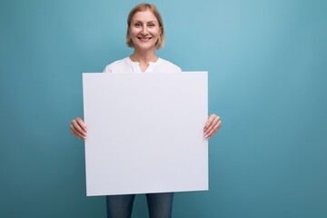 50s woman holding blank white news paper with mocup