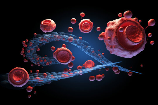 An artistic representation of erythrocytes in various stages of their lifecycle, from formation to maturity Generative AI