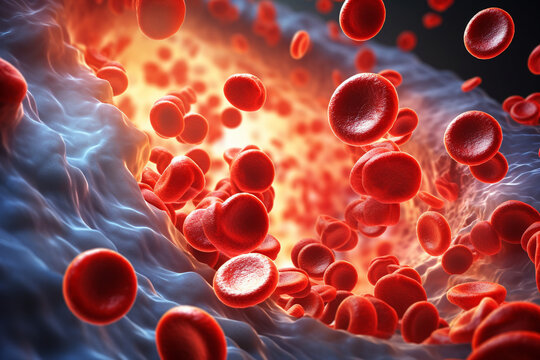 A scientific illustration of erythrocytes flowing through vessels, providing vital nutrients to tissues Generative AI