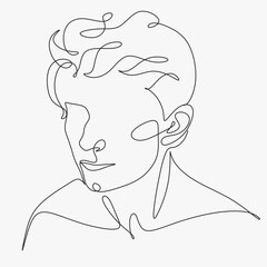 Face line art style minimal man poster illustration. Continuous line portrait, face and hairstyle drawing, fashion concept, minimalism, vector illustration for t-shirt print, poster, postcard, decor.