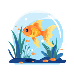 Naklejka premium Illustration of a goldfish in a small glass aquarium. The aquarium is beautifully decorated and goldfish swim in it. 