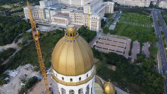 4K Drone flyover footage of the under construction Catedrala Mantuirii Neamului in Bucharest. People's Salvation Cathedral - the tallest and largest Eastern Orthodox church building.