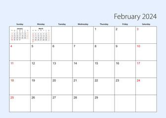 Wall calendar planner for February 2024. English language, week starts from Sunday.