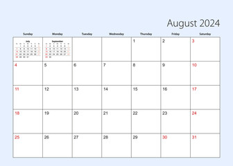 Wall calendar planner for August 2024. English language, week starts from Sunday.