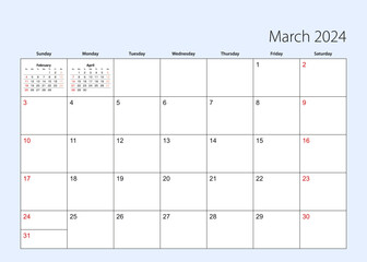 Wall calendar planner for March 2024. English language, week starts from Sunday.