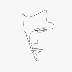 Face line art style minimal man poster illustration. Continuous line portrait, face and hairstyle drawing, fashion concept, minimalism, vector illustration for t-shirt print, poster, postcard, decor.