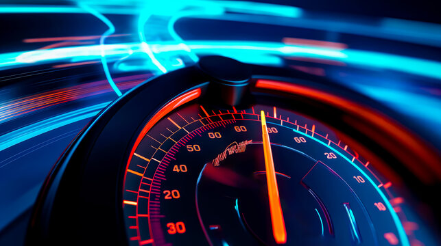Close up of speedometer with blue and red lines in the background