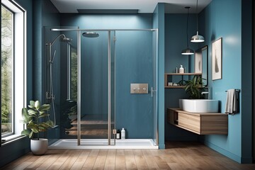 Interior of a blue bathroom with a wooden floor, a glass enclosed shower, and a gap in the wall. a mockup. Generative AI