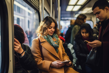 Woman smiling and using her cell phone on the subway next to the window.