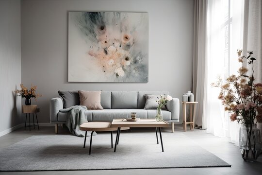 Grey couch and coffee table in a Scandinavian living room. Generative AI